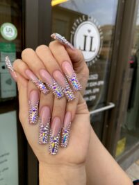 Acrylic nail art long with holographic gem stone tips Little Luxuries Nail Lounge
